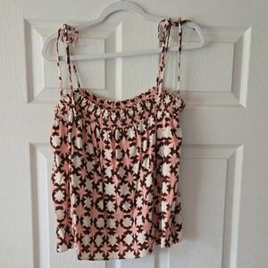 LOFT Pink, Brown & Cream Floral Smocked Tank Top